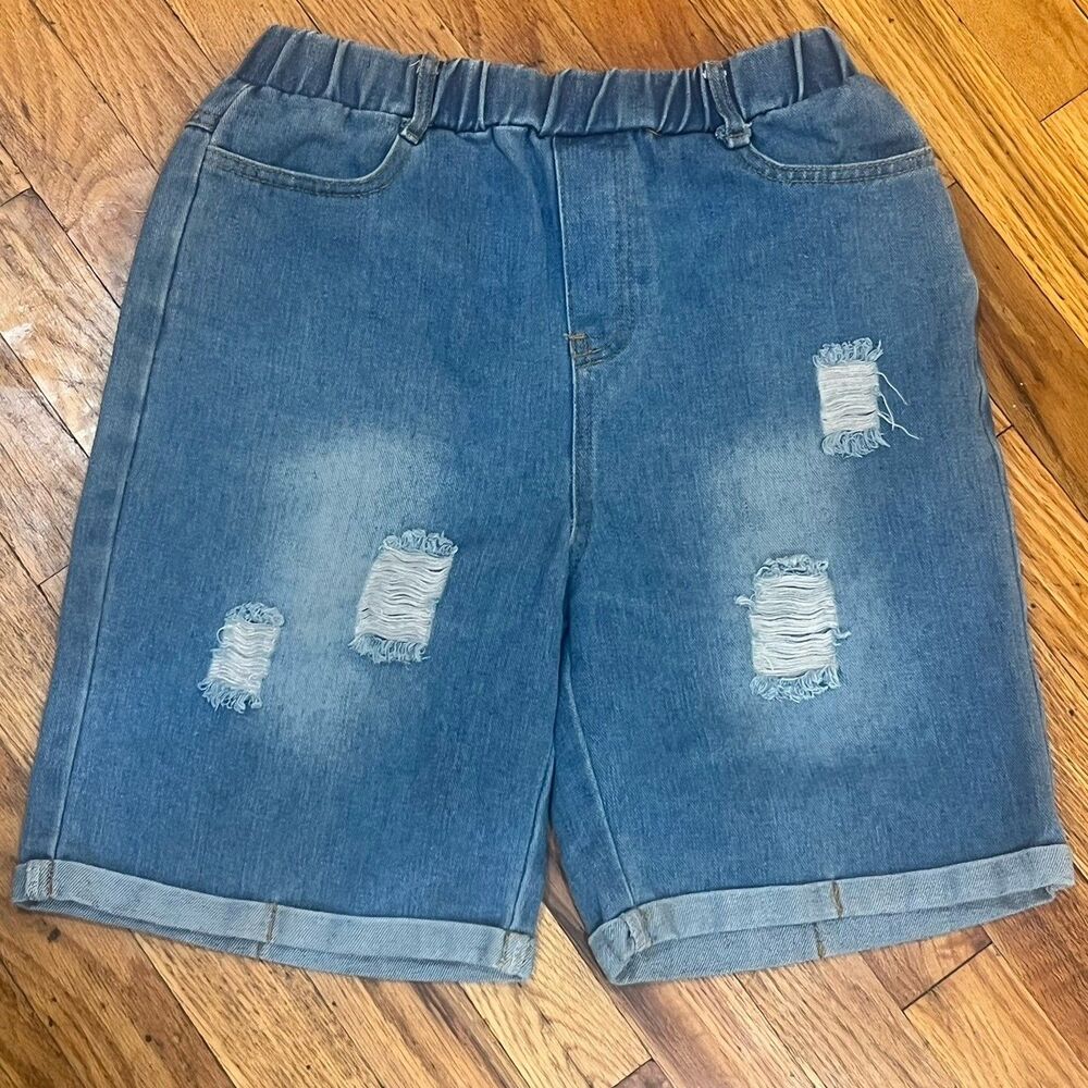 Unbranded Boys Distressed Jean Shorts Size 12Y Blue Denim Elastic Waist Cuffed